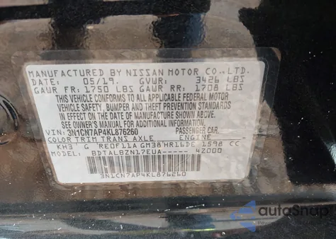 2019 Nissan Versa 1.6 Sv from USA, damaged, VIN 3N1CN7AP4KL876260